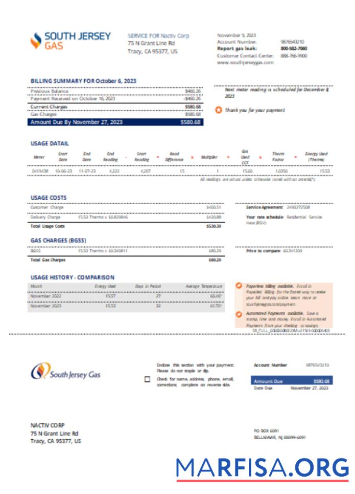 Downloadable New Jersey Gas utility business bill, SCR download for verification